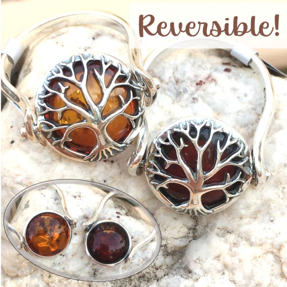 Baltic Amber Reversible Tree Of Life Ring (13mm) Sterling Silver Size 6 Or 8
